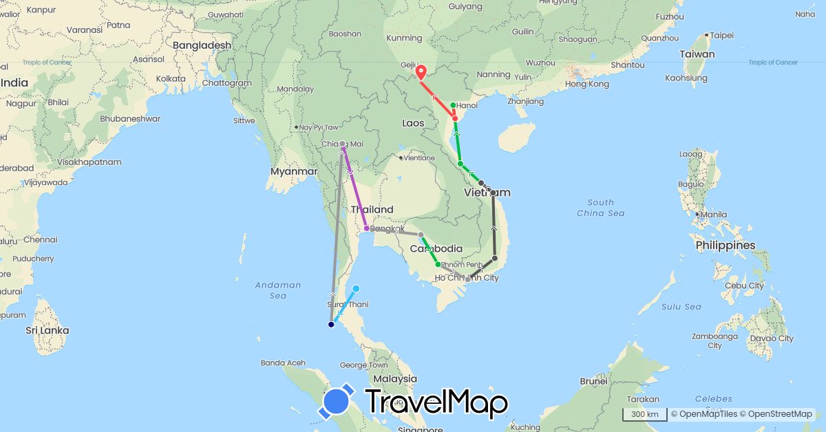 TravelMap itinerary: driving, bus, plane, train, hiking, boat, motorbike in Cambodia, Thailand, Vietnam (Asia)